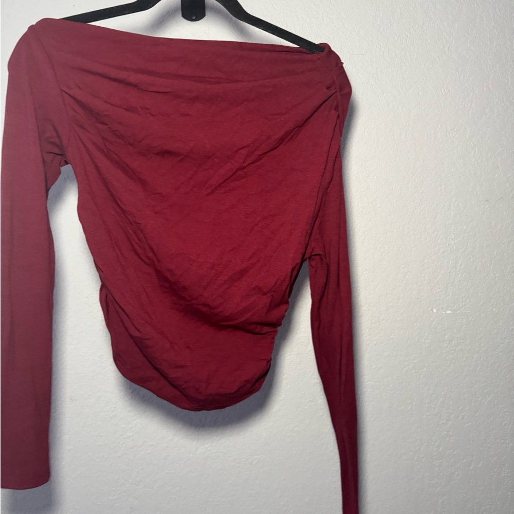 Red Asymmetrical Ruched Long Sleeve Blouse